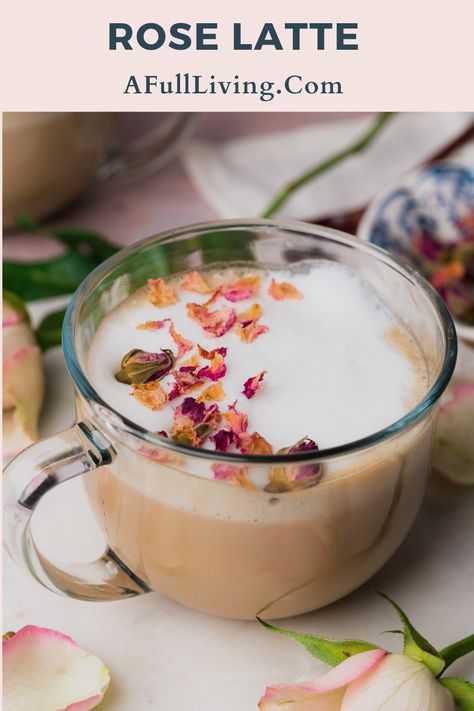 Skip the coffee shop, and make this delicious Rose Latte Recipe with homemade rose syrup, steamed milk, and espresso. Everyone's favorite flower makes for a lovely, delicate, and flavorful coffee drink filled with rose flavor. It's quick, easy, and the perfect way to treat yourself! #RoseLatte #SpringRecipes #CoffeeRecipe #Rose Rose Syrup Drinks, Spring Coffee Recipes, Spring Drinks Coffee, Fancy Coffee Recipes, Fae Food, Rose Latte Recipe, Spring Coffee Drinks, Rose Syrup Recipe, Spring Drinks