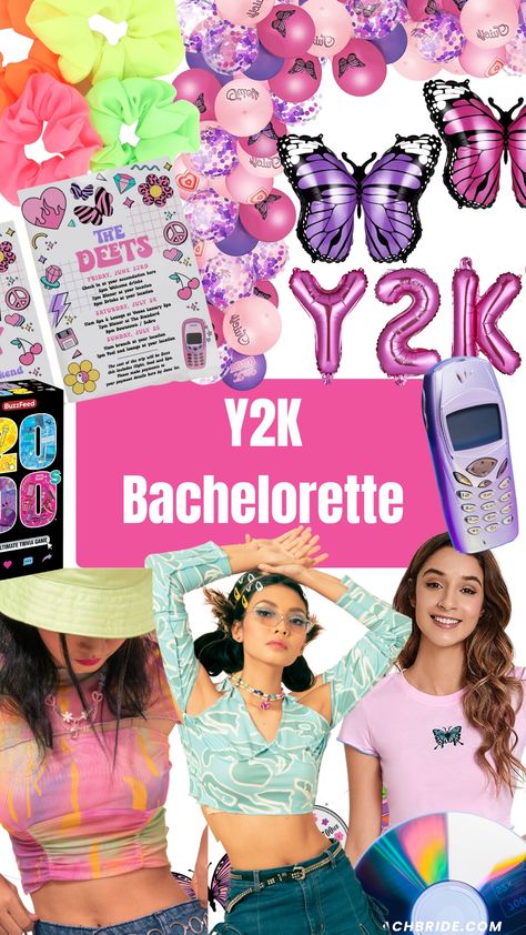 90s 2000s Bachelorette Party, 2000s Bachelorette Party, 2000 Theme Party Outfits, Y2k Bachelorette Party, Y2k Bachelorette, 2000s Theme Party, 90s Bachelorette Party, Bachelorette Sleepover, 2000s Theme