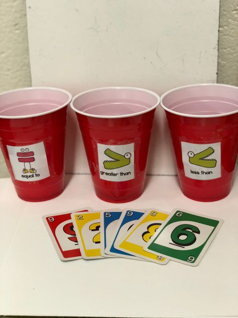 Greater than or less than game played with UNO cards. For ages 3+ Uno Math Game, Greater And Less Than Activities, Compare Numbers, Greater Than Less Than, Uno Cards, Comparing Numbers, Math Center Activities, Kindergarten Fun, Kindergarten Math Activities