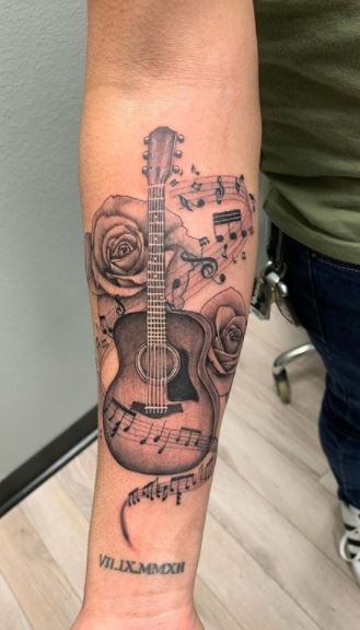 Compass And Music Tattoo, Guitar Tattoo Forearm, Guitar Piano Tattoo, Guitar Music Tattoo Ideas, Female Music Tattoo, Acoustic Guitar Tattoo Memorial, Country Music Sleeve Tattoo, Coda Tattoos, Realistic Guitar Tattoo