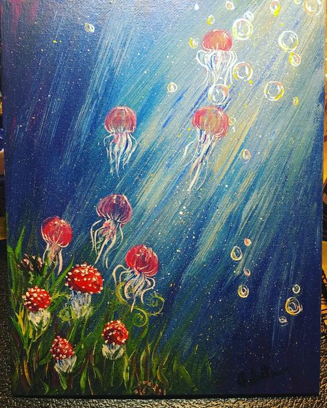 Trippy Water Painting, Jellyfish Underwater Painting, Jellyfish Underwater Drawing, Trippy Jellyfish Painting, Trippy Underwater Art, Mushroom On Canvas, Simple Acrylic Paintings Mushrooms, Mushroom Jellyfish Drawing, Acrylic Painting Ideas Mushrooms