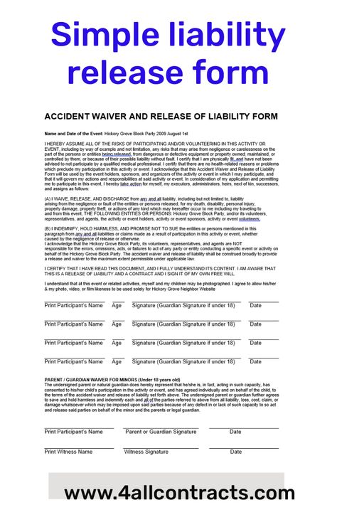 This is a sample Accident Waiver and Release of Liability Form for the Hickory Grove Block Party 2009 on August 1st. This form releases the event holders, sponsors, and organizers from any liability for injuries, property damage, or other actions that may occur during the event. Participants certify that they are physically fit and have no health-related issues that would prevent them from participating. The waiver also includes a section for parents or guardians to sign if their child is un... Room Rental Agreement, Cleaning Contracts, Liability Waiver, Wedding Photography Contract, Data Form, Form Example, Photography Contract, Rental Agreement Templates, Construction Contract