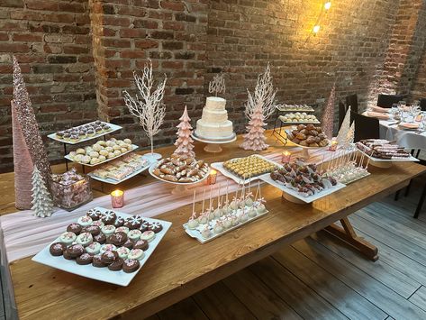 Baby girl baby shower dessert table winter rustic snow Winter Dessert Table Ideas, Winter Baby Shower Dessert Table, Winter Baby Shower Table Decor, Dessert Table Baby Shower Girl, Dessert Table Rustic, Winter Dessert Table, Baby Shower Desserts Girl, Rustic Dessert Table, Shower Dessert Table