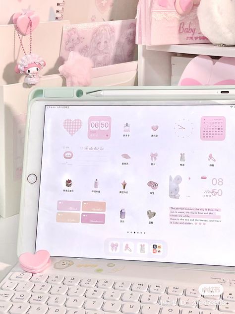 Pink Ipad Theme Ideas, Kawaii Ipad Setup, Pink Ipad Homescreen Ideas, Ipad Pink Homescreen, Kawaii Ipad Layout, Pink Aesthetic Computer, Kawaii Ipad, Pink Ipad Homescreen, Kawaii Ipad Wallpaper