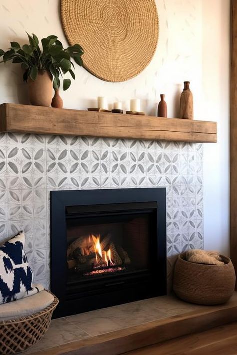 40 Charming Farmhouse Fireplace Tile Ideas You’ll Love Mosaic Tile On Fireplace, Tile Fireplace Wood Mantle, Farmhouse Fireplace Tile, Tile Around Fireplace, Fireplace Tile Ideas, Wood Mantle Fireplace, Hearth Tiles, Fireplace Redo, Fireplace Tile Surround