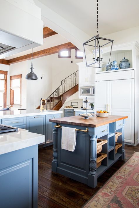 White Farmhouse Sink, Modern Farmhouse Kitchens, Blue Kitchens, Kitchen On A Budget, Farmhouse Sink, Kitchen Remodel Idea, Benjamin Moore, Butcher Block, Kitchen Renovation