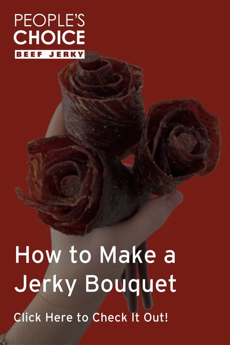 How To Make A Beef Jerky Bouquet, Beef Jerky Bouquet For Him, Beef Jerky Flower Bouquet Diy, Beef Jerky Valentine Gift Ideas, Beef Jerky Flowers Diy, Diy Meat Bouquet, Jerky Bouquet Diy Gifts, Diy Beef Jerky Bouquet, Beef Jerky Gift Ideas