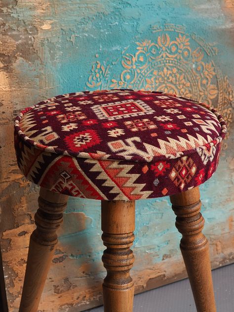 This lovely Turkish Kilim Patterned Wooden Decorative Ottoman Pouffe is handmade .It is furnished with a rug pattern unique to Turkey and the wooden parts are painted with annie sloan furniture paint.1st class Turkish cotton fabric is used in its fabric .Product's feet are specially made of beech wood. You can easily use this ottoman stool  which has an ethnic atmosphere, in every corner of your home. You can use it as a complement to your makeup table and also  use it as a decorative match to y Nightstand Mid Century, Annie Sloan Furniture, Wooden Footstool, Turkish Home Decor, Ethnic Furniture, Mid Century Modern Rug, Turkish Motifs, Turkish Furniture, Turkish Pattern