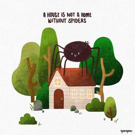 digital illustration of a house surrounded by trees with a giant cute spider on top - made using procreate Spider Illustration Cute, Tree House Illustration, House Surrounded By Trees, Drawing Spider, Spider Illustration, Cute Spider, Story Books Illustrations, House Cartoon, Itsy Bitsy Spider