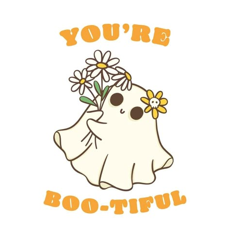 Cute Halloween ghost with daisy flower, kawaii Retro floral sppky ghost, You are boo-tiful, cartoon doodle outline drawing illustration idea for greeting card, t shirt design and crafts. You Are Boo Tiful, Cute Halloween T Shirts, Cute Halloween Cartoon Drawings, Halloween Cute Illustration, Ghost Illustration Cute, Ghost Cartoon Cute, Halloween Cute Aesthetic, Boo Doodle, Cute Ghost Drawings