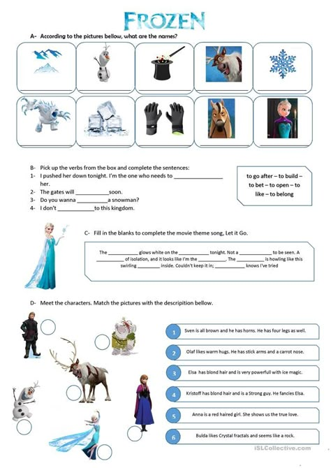 Frozen Movie Vocabulary Exercise - English ESL Worksheets for distance learning and physical classrooms Frozen Worksheets, Movie Vocabulary, Frozen Movie, A Worksheet, Esl Worksheets, Home Learning, Distance Learning, Vocabulary, Frozen