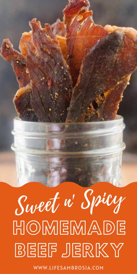 Sweet And Spicy Beef Jerky Recipe, Spicy Beef Jerky Recipe, Sweet And Spicy Beef, Jerky Recipes Dehydrator, Spicy Beef Jerky, Jerkey Recipes, Jerky Marinade, Beef Jerky Recipe, Homemade Beef Jerky