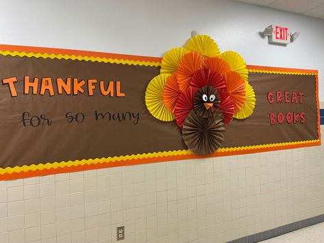 Gobble Up A Good Book Bulletin Board, Turkey Library Display, Thanksgiving Library Bulletin Board Ideas, November Library Bulletin Boards, Thanksgiving Bulliten Boards, Turkey Bulletin Boards, Christmas Song Trivia, Book Bulletin Board, November Bulletin Boards