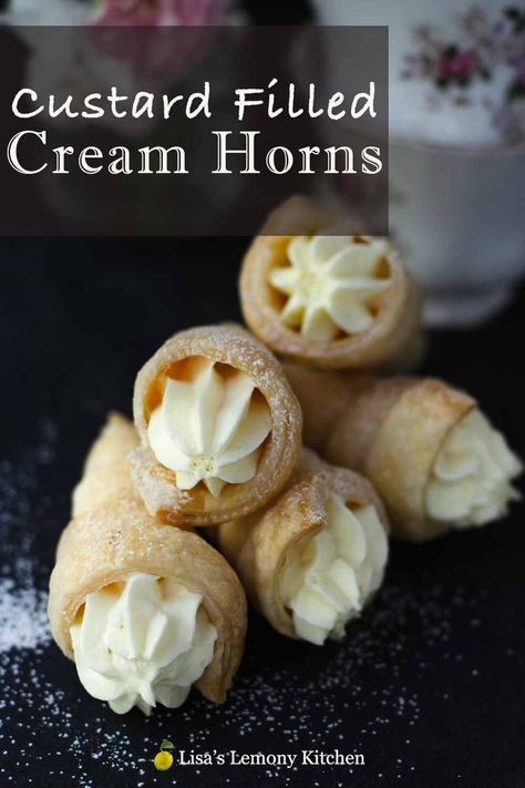 Cream Horns known as Italian cream horns are made of puff pastry wrapped around a conical shape mould. Cream horns are scrumptious baked till golden and flaky. These gorgeous cream horns can be filled with custard and top with whipped cream. #creamhorns #recipe #dessert Cream Horns Filling Recipe, Creamed Horns, Cream Horns Recipe Puff Pastries, Cream Horn Filling Recipe, Conoli Recipe, Stuffed Cannelloni, Cream Horn, Puff Pastry Cream Puffs, Pepperidge Farm Puff Pastry