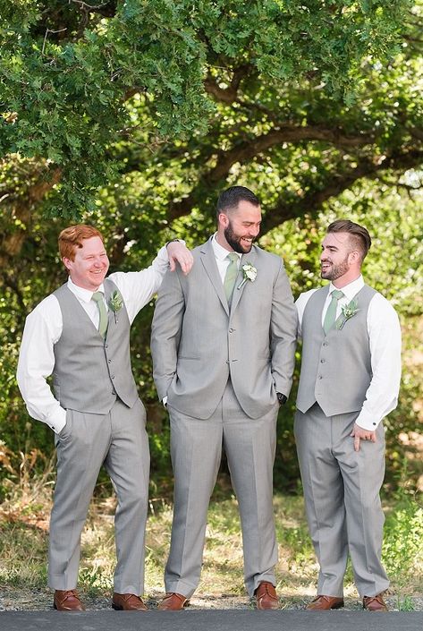 Green And Grey Groomsmen, Grey Suit Sage Tie, Sage Bridesmaid Dresses With Groomsmen, Groomsmen Attire Sage Green, Sage Wedding Groomsmen, Sage Green Groomsmen, Sage Green And Peach, Grey Groomsmen Suits, Grey Groomsmen