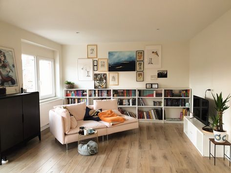 Low Bookcase Behind Sofa, Kallax As Tv Stand, Kallax Behind Sofa, Library Behind Sofa, Low Bookcases In Living Room, Soderhamn Sofa Ideas Living Rooms, Ikea Kallax Tv Stand, Ikea Kallax Tv, Ikea Regissor