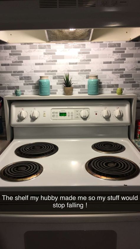 Behind The Oven Shelf, Back Of Stove Shelf, Wall Shelf Over Stove, Over The Oven Shelf, Old Stove Decor Ideas, Over Oven Shelf, Stove Shelf Over The, Diy Stove Shelf, Behind Stove Decor Ideas