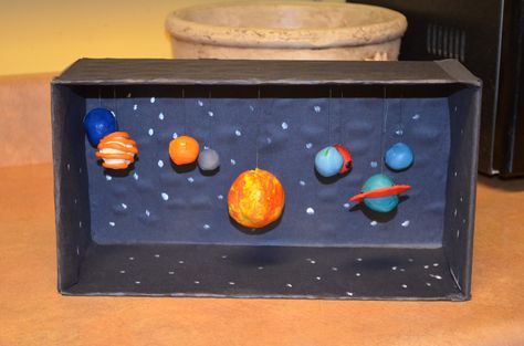 Solar System diorama- I'm thinking of having my kids do an out of class planet project like this. So fun! Solar System Projects For Kids, Solar System Activities, Shoe Box Crafts, Planet Crafts, Planet Project, Solar System Model, Solar System Projects, Solar System Crafts, Kid Science