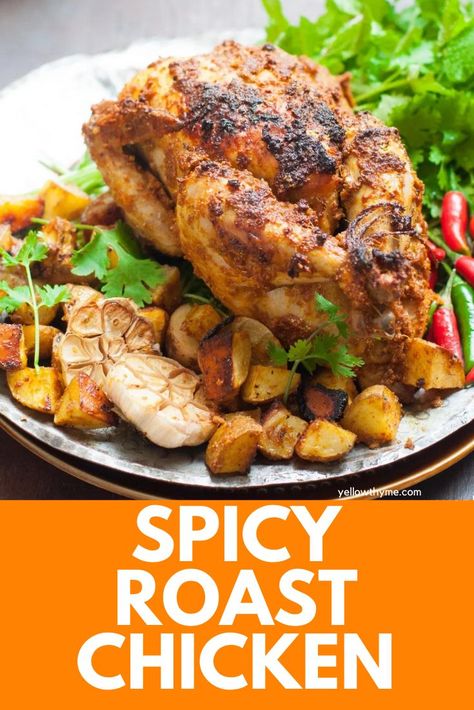 Spicy Roast Chicken with Indian Flavours - Perfectly basked whole chicken, marinated in indian spices, yogurt, ginger, garlic and herbs.A definite upgrade from a plain rotisserie chicken.Make this for thanksgiving or Christmas this year!This Masala Roast Chicken is a family favourite in our house! #indian #chicken #spicy #roast #wholechicken Indian Whole Chicken, Whole Chicken Indian Recipes, Indian Roast Chicken, Chicken Roast Indian, Spicy Roast Chicken, Chicken Roast Recipe, Indian Chicken Dishes, Fillet Recipes, Potatoes Roasted