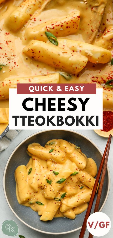 This Vegan Cheese Tteokbokki features chewy Korean rice cakes smothered in a flavour packed cheese sauce. Comforting, quick and easy to make making it the perfect dish for lazy nights in! Cheese Tteokbokki, Veggie Lunches, Okonomi Kitchen, Korean Rice Cakes, Tteokbokki Recipe, Vegan Board, Vegan Asian Recipes, Rice Cake Recipes, Korean Rice