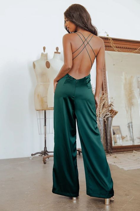 Green Satin Jumpsuit, Green Jumpsuit Outfit, Jumpsuit Outfit Wedding, Emerald Green Jumpsuit, Jumpsuit Prom, Prom Jumpsuit, Satin Jumpsuit, Backless Jumpsuit, Green Jumpsuit