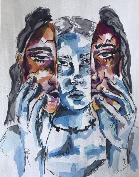 3 Faces Art, Emotions In Art Artworks, Portrait And Personality Art, Two Personality Art, Vision Journal, Distortion Art, Advanced Higher Art, Gallery Exhibit, Artist Reference