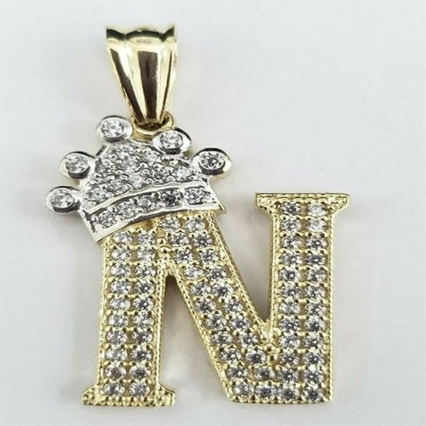 Letter N, Rings Fashion, Rings Gold, Rings Engagement, Gold Crown, Yellow Gold Pendants, Ebay Jewelry, Round Pendant, Gemstone Colors