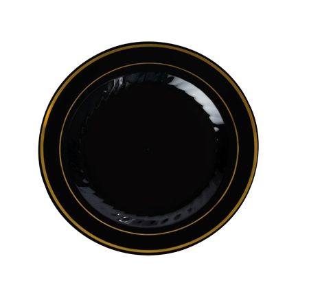 Posh Party Supplies - Elegant Black with Gold Rim 6" Round Plastic Plate - 15 Plastic Plates, $6.49 (http://www.poshpartysupplies.com/elegant-dinnerware/elegant-plastic-wedding-and-paper-plates/elegant-black-with-gold-rim-6-round-plastic-plate-15-plastic-plates/) Fancy Plastic Plates, Plastic Plates Wedding, Ladies Brunch, Elegant Plates, Black Dinnerware, Disposable Plastic Plates, Black Dinner, Outdoor Kitchen Appliances, Plastic Dinnerware