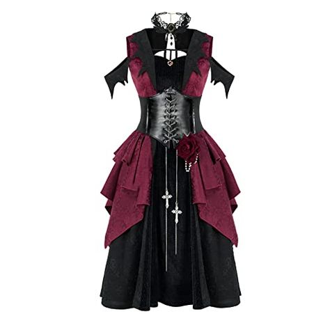 yiranyijiu Women's Gothic retro dress Bat Vampire Halloween dress up costume Gothic Red Cosplay Costume For Party, Gothic Red Costume Dress, Vampire Style Cosplay Dresses, Red Gothic Victorian Dress Costume, Red Gothic Corset Dress For Cosplay, Up Costume, Vampire Halloween, Up Costumes, Dress Up Costumes