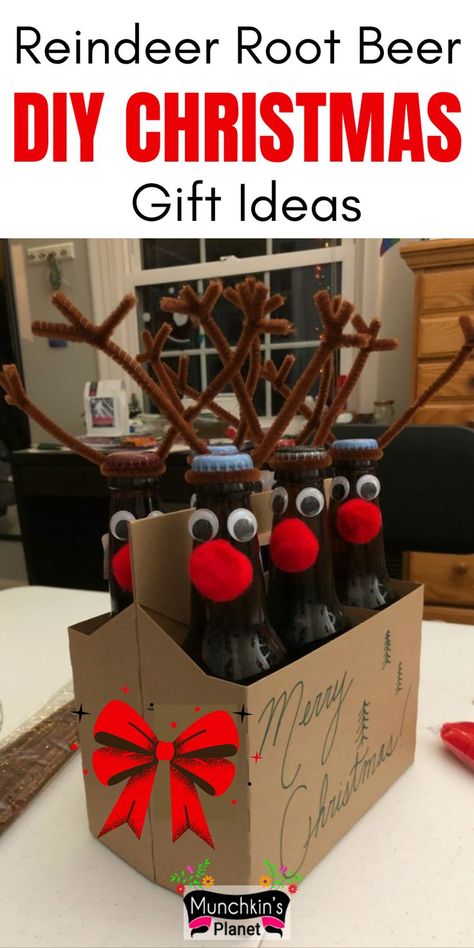 Reindeer Root Beer Bottles DIY Christmas Gift Ideas Reindeer Bottle Craft, Reindeer Bottles Diy, Wine Bottle Reindeer Diy, Root Beer Float Gift Basket, How To Wrap Beer Cans Gift Ideas, Reindeer Beer Bottles, Root Beer Gift Ideas, Rootbeer Reindeer, Craft Beer Gift Ideas