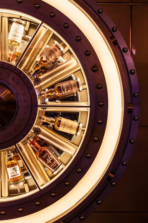 a golden vault-like turntable decorates ‘the exchange bar’ in shanghai Speakeasy Bar, Nightclub Design, Vault Doors, Bar Interior Design, Bar Interior, Lounge Design, Bar Design Restaurant, Restaurant Interior Design, Negroni