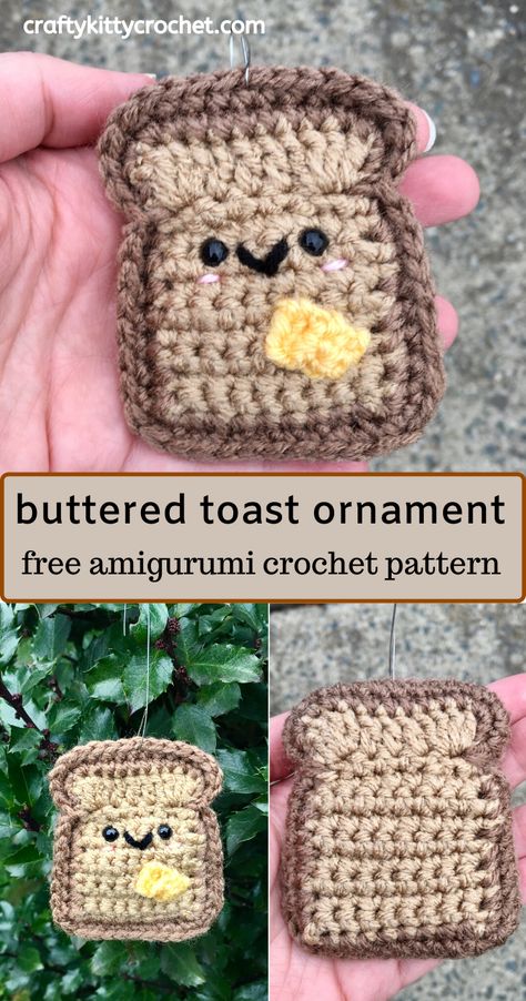 I’d like to propose a toast �– no, not that kind of toast, ACTUAL toast! This kawaii buttered toast ornament is cute, unique, and easy to make! It would make a one-of-a-kind addition to any Christmas tree this holiday season. This crochet pattern is so quick that you can make a whole bunch for you and everyone on your gift list! #crochet #christmasornament #diyornament #christmascrochet #holidaycrochet #kawaii #amigurumitoast #amigurumibread #amigurumifood #crochetplayfood #amigurumiplayfood Crochet Teacher Gifts, Buttered Toast, Crochet Holiday, Crochet Best, Crochet Xmas, Crochet Ornaments, Crochet Food, Kawaii Crochet, Holiday Crochet