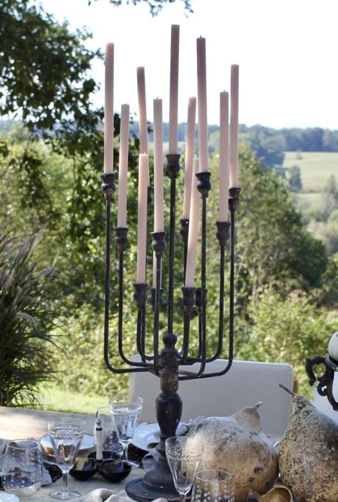 (1) Black Iron and Wood Candelabra | Table Terrain Dining Tablescapes and Holiday Table Decorations Black Candelabra, Dinner Table Setting, Holiday Table Decorations, Beach House Design, Antique Iron, Halloween Photos, Antique Farmhouse, Outdoor Wall Lamps, Halloween Home Decor