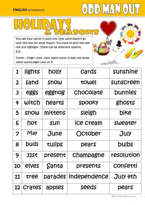 Odd One Out -Holidays & Seasons - English ESL Worksheets for distance learning and physical classrooms Basketball Worksheets, Holiday Worksheets, Teaching Sight Words, Esl English, Steam Projects, Basketball Birthday Parties, Esl Classroom, Teaching Esl, English Worksheet