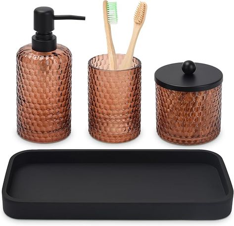 Amazon.com: Bathroom Accessories Set,4 Pcs Amber Glass Bathroom Accessories Sets-Lotion Soap Dispenser,Toothbrush Holder,Qtip Holder Dispenser & Resin Vanity Tray,Countertop Vanity Organizer,Amber : Home & Kitchen Amber Glass Bathroom, Glass Bathroom Accessories, Bathroom Vanity Tray, Lotion Candles, Floss Picks, Bathroom Accessories Set, Bathroom Decor Sets, Vanity Organization, Bathroom Accessories Sets