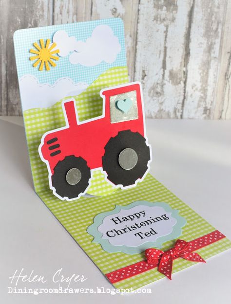 The Dining Room Drawers: Sizzix & Cricut Pop-Up Tractor Christening Card Christening Card, Firetruck Birthday, Paper Wall Hanging, Birthday Cards For Boys, Bday Cards, Boy Cards, Hanging Flower Wall, Wedding Cakes With Flowers, Cadeau Diy