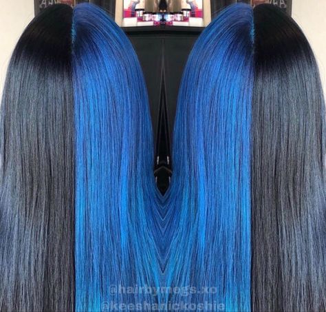 Half Blue Hair Half Black, Half Dark Blue Half Black Hair, Half Black Half Blue Hair Split, Blue And Black Hair Split, Black And Blue Split Dye Hair, Half And Half Hair Color Blue, Half Black Half Blue Hair, Half Blue Half Black Hair, Blue Split Dye Hair