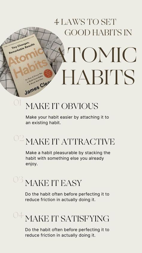 Atomic Habits James Clear 4 laws to set good habits Best Books For Men, Build Habits, Build Good Habits, Tiny Habit, Habit Quotes, James Clear, Atomic Habits, Job Advice, Student Life Hacks