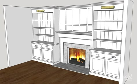 Both Sides Of Fireplace Decor, Two Sofas Facing Each Other Fireplaces, Built Ins Deeper Than Fireplace, Vintage Fireplace With Built Ins On Both Sides, Library Shelves Around Fireplace, Fireplace With Hearth And Built Ins, Recessed Fireplace With Built Ins, Cabinets Flanking Fireplace, Offset Fireplace Living Rooms