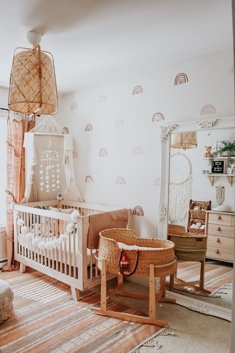 2020-02-03 - Boho has always been my favourite style so when it came to decorating my baby girls room it was an easy decision to go that route! The rainbow decals inspired me because she is our rainbow baby! Love the desert color scheme how it’s soft and pastel tones. Super calming for our little babe. Baby Room Boy, Boho Baby Nursery, Baby Nursery Closet, Boho Baby Room, Baby Heart, Indian Baby, Nursery Room Design, Girl Nursery Room, Baby Room Design