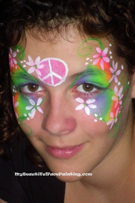 70s Face Paint, Midsummer Makeup, Hippie Face Paint, Disco Theme Parties, Peace Sign Flowers, Hippie Makeup, 70s Party Theme, Festival Paint, Sign Flowers