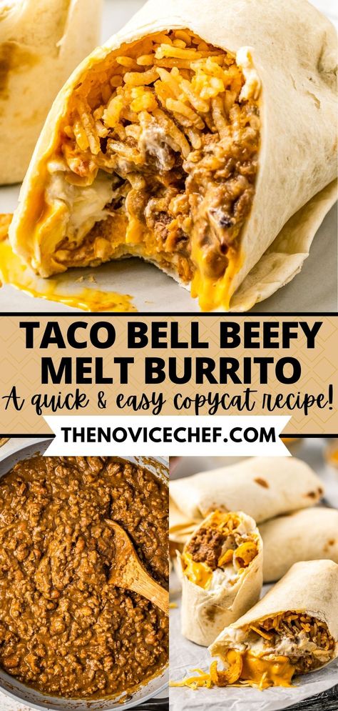 A copycat of the fast-food favorite, this Taco Bell Beefy Melt Burrito is stuffed with seasoned beef, refried beans, Mexican rice, crunchy Fritos, and more. Simple to make, and much more flavorful than the drive-thru version, these cheesy beef burritos will be a new family favorite! Refried Beans Mexican, Beans Mexican, Beef Burritos, Beef Burrito, Mexican Rice, Fast Dinners, Salad Pasta, Drive Thru, Taco Bell