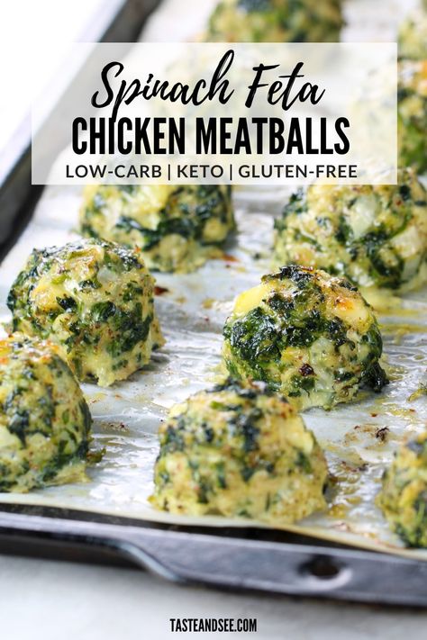 These meal prep baked chicken meatballs are going to be an amazing addition to your new year eating plan!  #TasteAndSee Chicken And Feta Meatballs, Chicken Spinach Feta Meatballs, Chicken And Spinach Meatballs, Chicken Feta Meatballs, Healthy Chicken Meatballs, Spinach Feta Chicken, Chicken Meatballs Healthy, Ground Chicken Meatballs, Spinach Meatballs