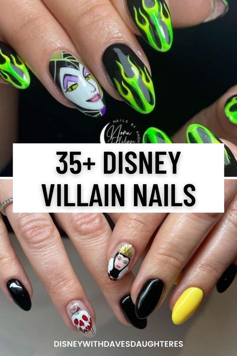 Dr Facilier Nails, Villian Nails Designs, Easy Disney Nail Designs, Villains Nails, Captain Hook Nails, Nail Art Complicated, Disney Fingernails, Evil Queen Nails Disney, Villain Nail Art