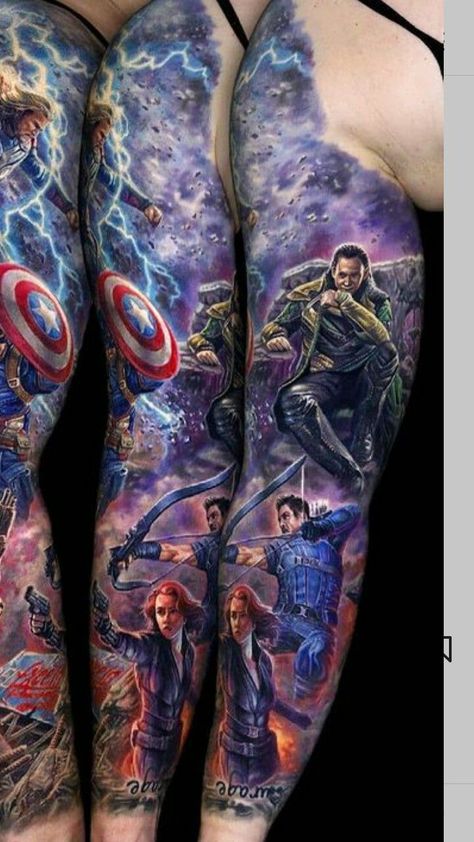 Comic Book Sleeve Tattoo, Marvel Half Sleeve Tattoo, Marvel Tattoos Sleeve, Thor Tattoo Marvel, Superhero Tattoos For Men, Marvel Sleeve Tattoo, Bailey Tattoo, Marvel Sleeve, Marvel Tattoo Sleeve