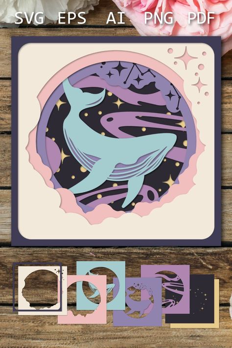 This 3D Whale layered design would be perfect to use if you like space, whale and stars. Easy to cut and easy to use :) (Affiliate link) Paper Layering Art Simple, Paper Cut Out, Paper Cut Out Design, Paper Layering Art, Layered Papercut Art, Paper Cut Art Templates, Paper Crafts Cricut, Paper Cutout Effect, Whale Svg