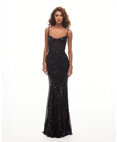 Shop Sensational black maxi on spaghetti straps covered in sequins, Smoky Quartz from Milla at Seezona | Seezona Black Glitter Dress Long, Black Sparkly Prom Dresses, Glittery Black Dress, Black Sequin Prom Dress, Black Maxi Gown, Black Sequin Gown, Flow Dress, Black Lace Gown, Glittery Dress