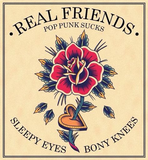 Real Friends Tattoo, Real Friends Band Tattoo, Tattoos 2023, Friends Tattoo, Flash Sheets, Band Tattoos, Cover Boy, Human Canvas, Sleepy Eyes