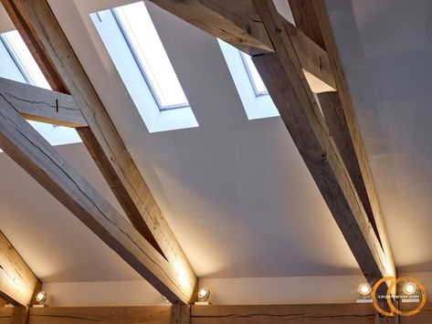 Beams Ceiling Lighting, Truss Ceiling, Exposed Trusses Kitchen, Beams On Slanted Ceiling, Exposed Trusses Lighting, A Frame Lighting, Beam Lights, Exposed Truss Ceiling, Barn Lighting Interior