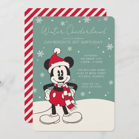 Mickey Mouse Winter Onederland 1st Birthday Invitation #MickeyMouse #Birthday #BirthdayParty #FirstBirthday #WinterBirthday #Onederland Mickey Mouse Winter, Winter Onederland Invitations, Winter Onederland Birthday, 1st Birthday Invitation, Mickey Christmas, Winter Onederland, Winter Birthday, Disney Birthday, Disney Party